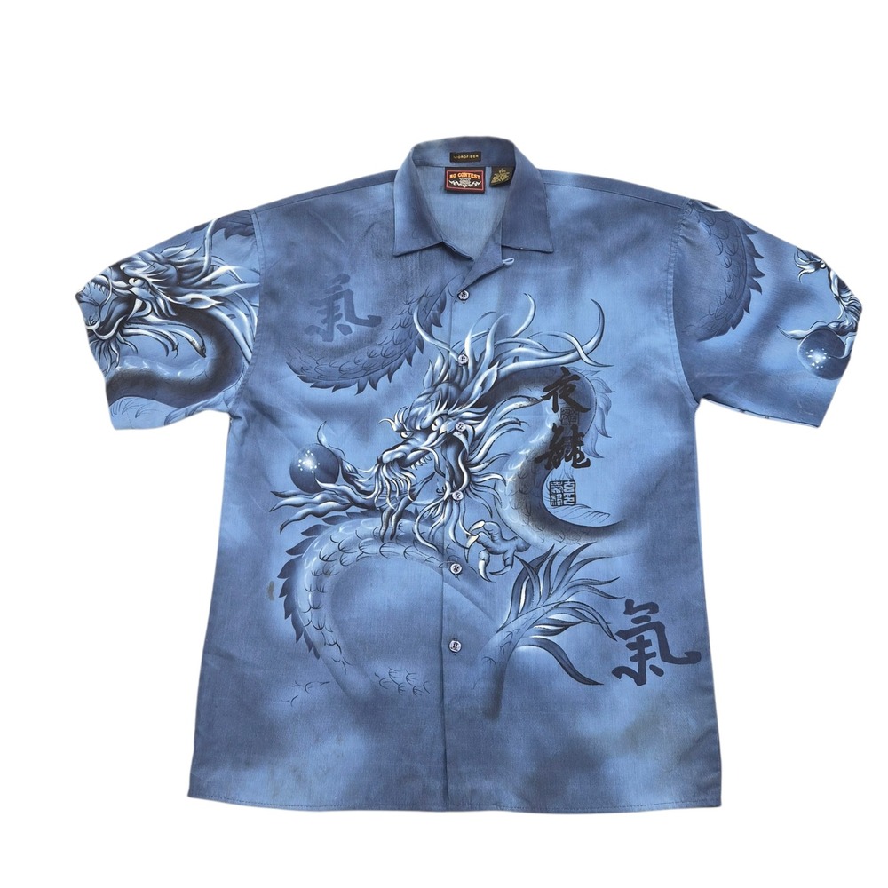 No Contest Mens Blue Dragon Graphic Short Sleeve Button Down Shirt Large Y2K